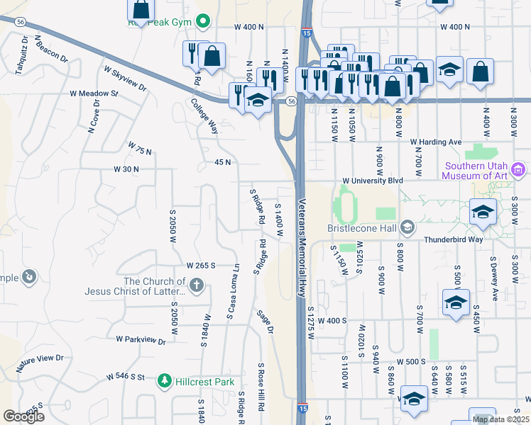 map of restaurants, bars, coffee shops, grocery stores, and more near 109 South 1500 West in Cedar City