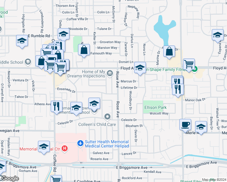 map of restaurants, bars, coffee shops, grocery stores, and more near 2304 San Rafael Avenue in Modesto
