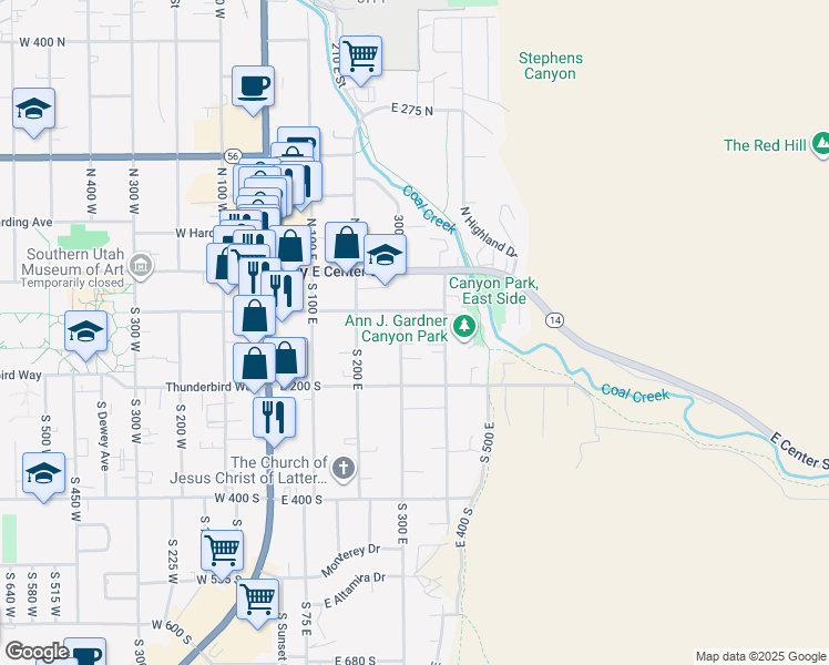 map of restaurants, bars, coffee shops, grocery stores, and more near 107 South 300 East in Cedar City
