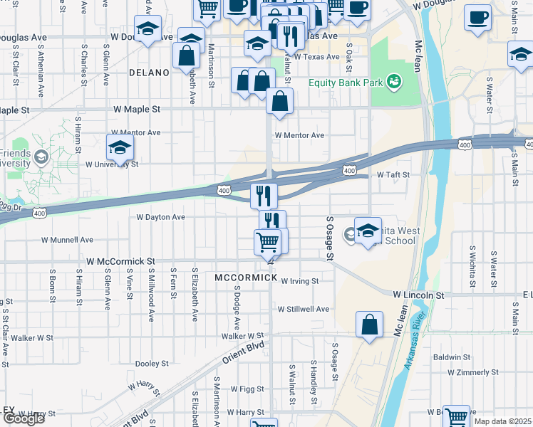 map of restaurants, bars, coffee shops, grocery stores, and more near 1100 West Dayton Avenue in Wichita