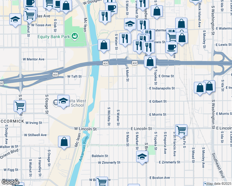map of restaurants, bars, coffee shops, grocery stores, and more near 911 South Water Street in Wichita