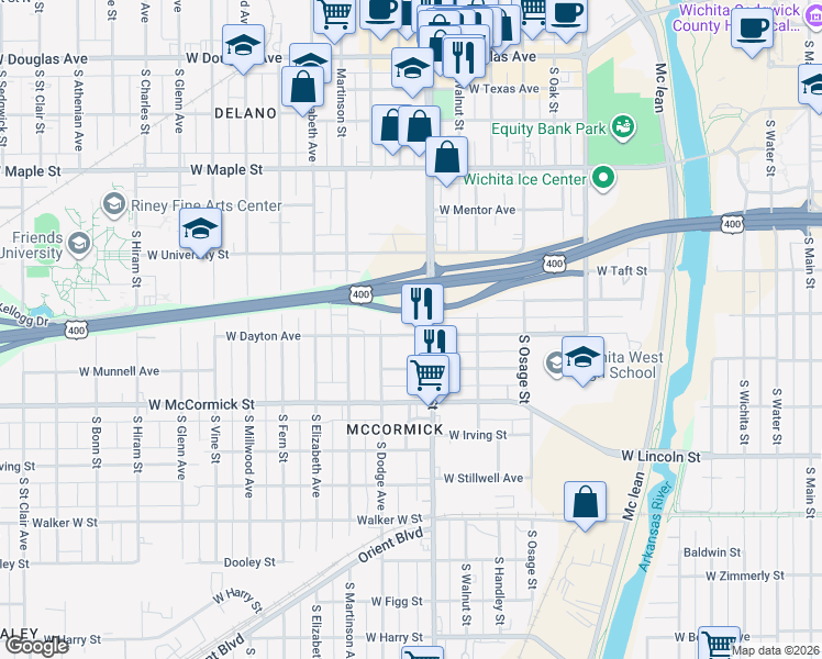 map of restaurants, bars, coffee shops, grocery stores, and more near 1100 West Dayton Avenue in Wichita