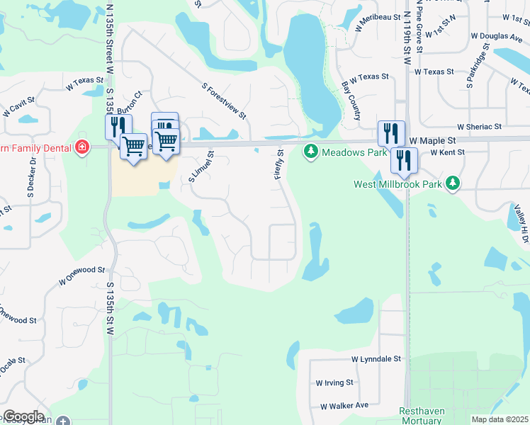 map of restaurants, bars, coffee shops, grocery stores, and more near 461 Firefly Court in Wichita