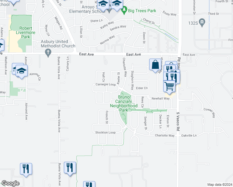 map of restaurants, bars, coffee shops, grocery stores, and more near 5436 Carnegie Loop in Livermore