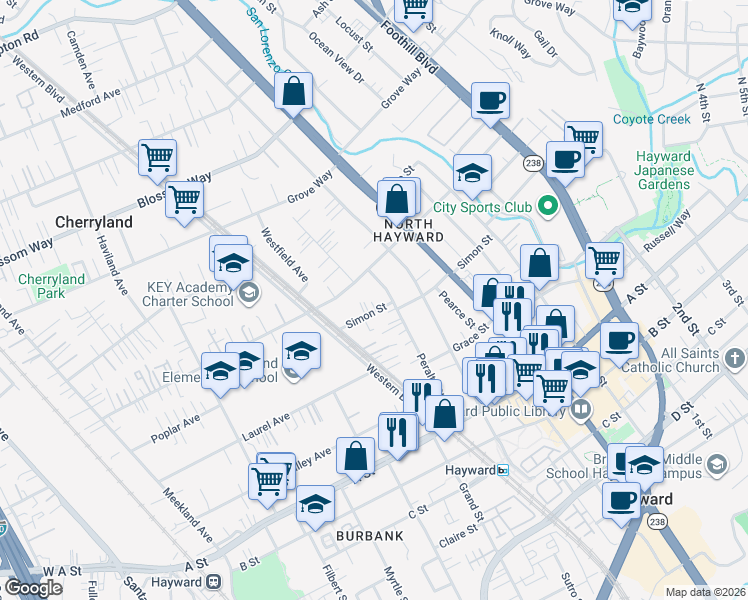 map of restaurants, bars, coffee shops, grocery stores, and more near 574 Simon Street in Hayward