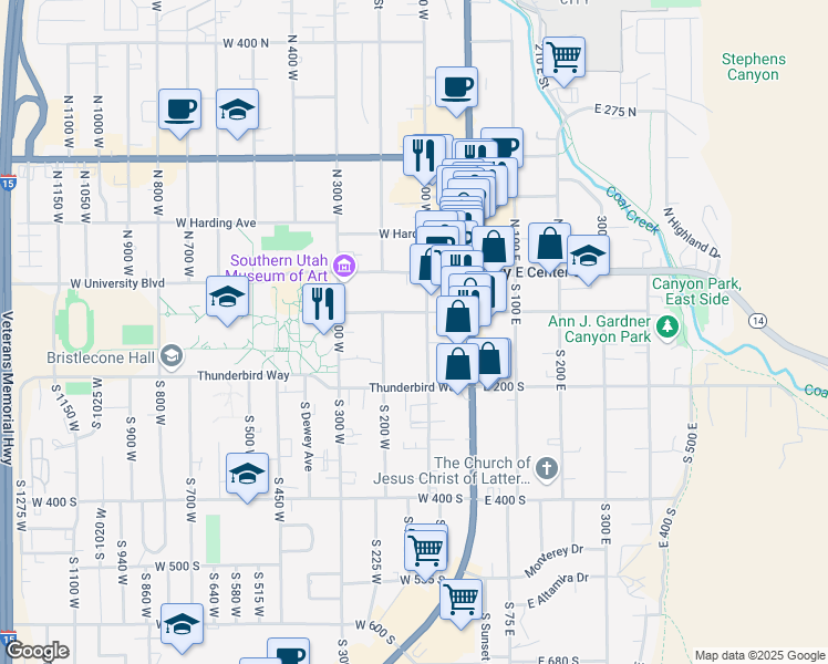 map of restaurants, bars, coffee shops, grocery stores, and more near 104 South 100 East in Cedar City
