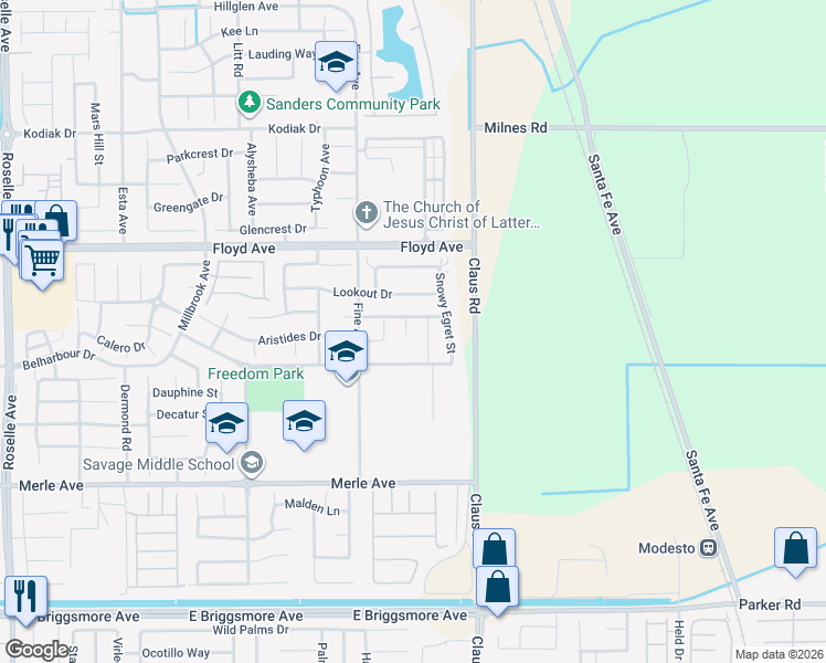 map of restaurants, bars, coffee shops, grocery stores, and more near 2308 Paper Bark Ct in Modesto