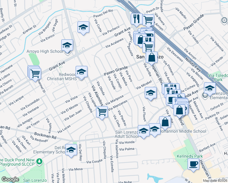 map of restaurants, bars, coffee shops, grocery stores, and more near 16129 Via Pinale in San Lorenzo