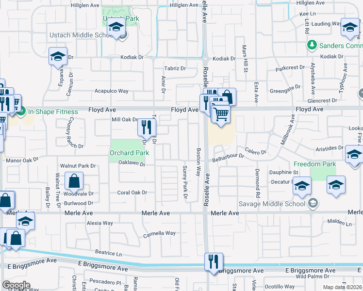 map of restaurants, bars, coffee shops, grocery stores, and more near 2304 Mountain Quail Way in Modesto