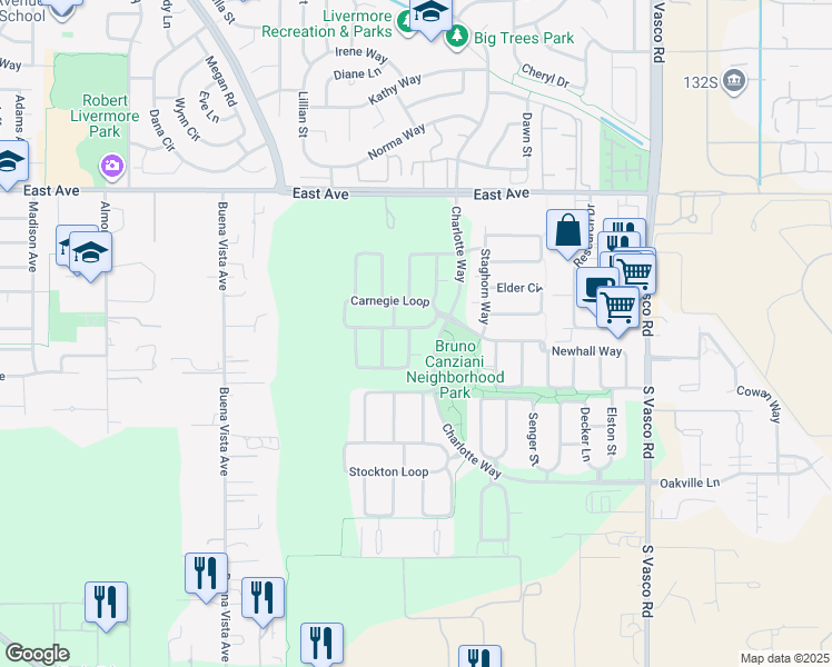map of restaurants, bars, coffee shops, grocery stores, and more near 5462 Carnegie Loop in Livermore