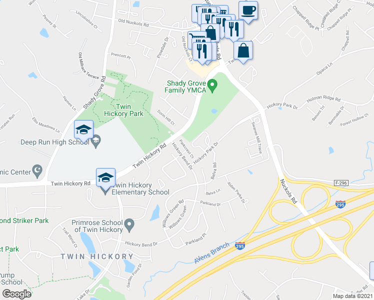 map of restaurants, bars, coffee shops, grocery stores, and more near 4920 Parkcrest Court in Glen Allen