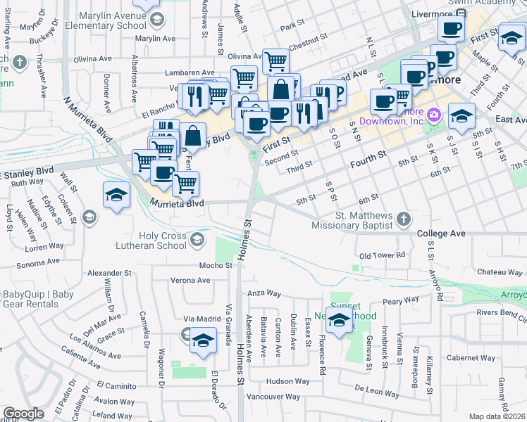 map of restaurants, bars, coffee shops, grocery stores, and more near 1256 Marguerite Street in Livermore