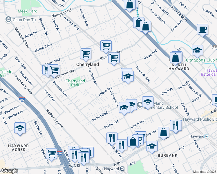 map of restaurants, bars, coffee shops, grocery stores, and more near 418 Willow Avenue in Hayward