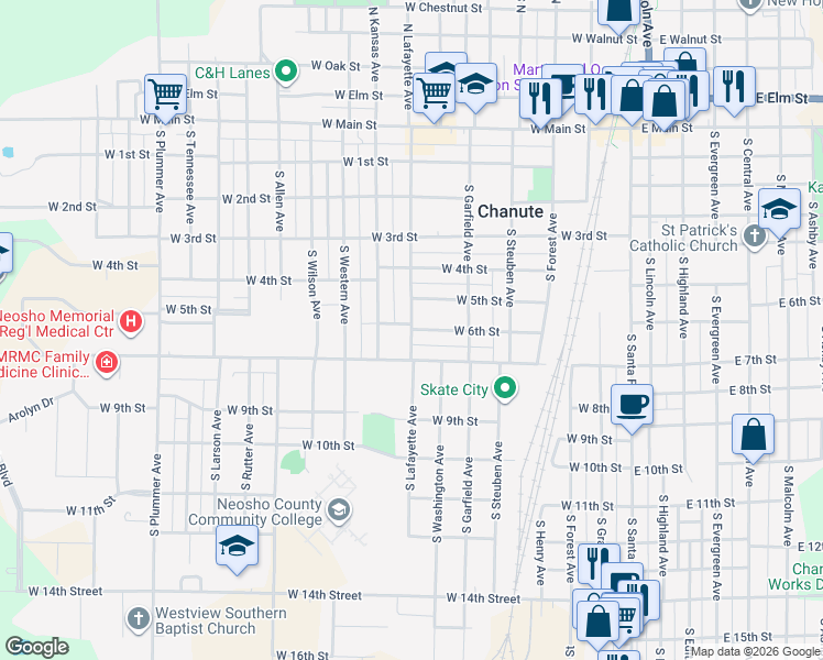 map of restaurants, bars, coffee shops, grocery stores, and more near 519 W 6th St in Chanute