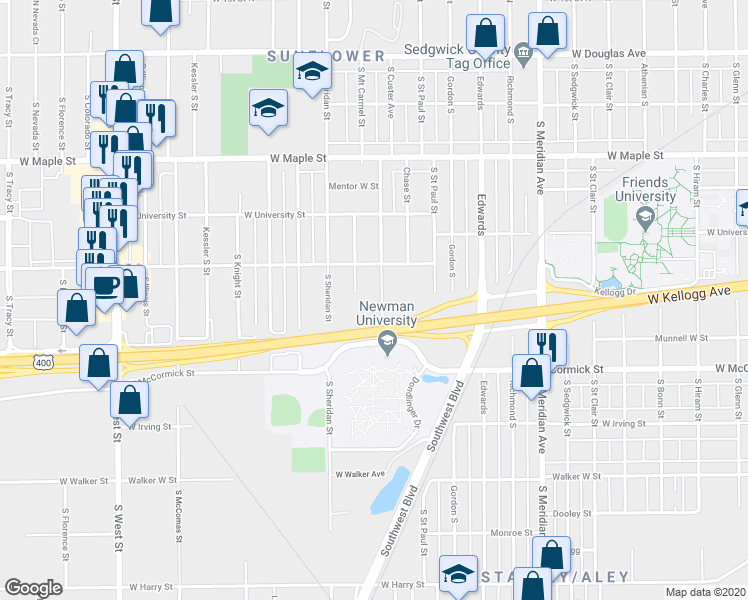 map of restaurants, bars, coffee shops, grocery stores, and more near 743 S Custer Ave in Wichita