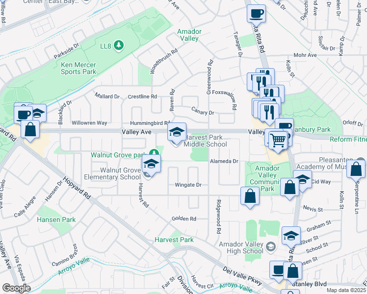 map of restaurants, bars, coffee shops, grocery stores, and more near 4900 Valley Avenue in Pleasanton
