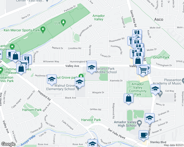 map of restaurants, bars, coffee shops, grocery stores, and more near 4900 Valley Avenue in Pleasanton