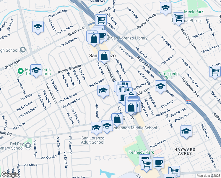map of restaurants, bars, coffee shops, grocery stores, and more near 16215 Vía Arriba in San Lorenzo