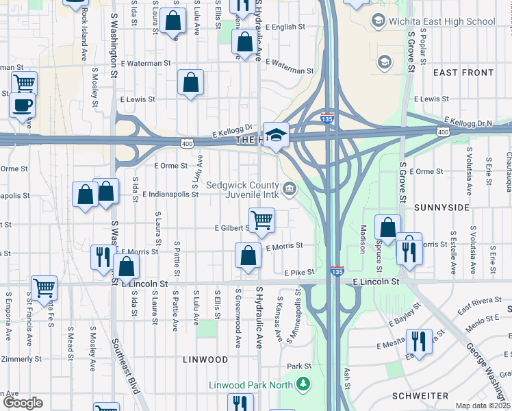 map of restaurants, bars, coffee shops, grocery stores, and more near 1612 East Gilbert Street in Wichita