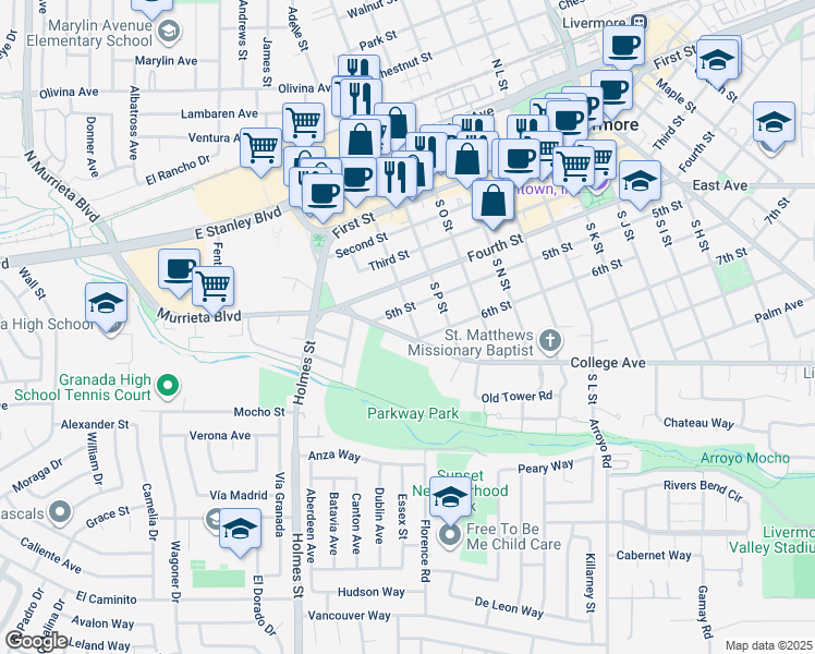 map of restaurants, bars, coffee shops, grocery stores, and more near 557 South Q Street in Livermore