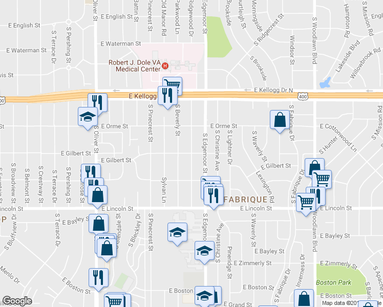 map of restaurants, bars, coffee shops, grocery stores, and more near 5499 East Gilbert Street in Wichita