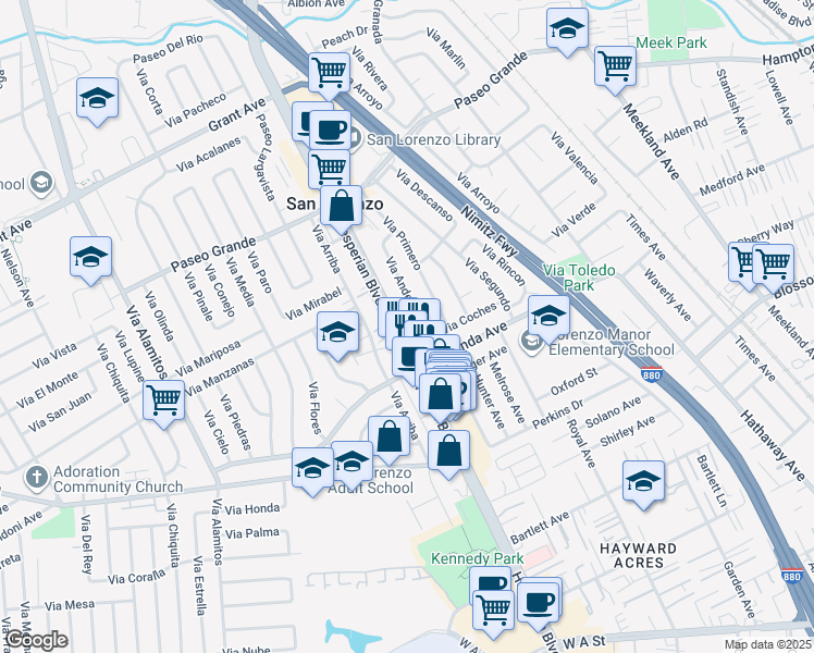 map of restaurants, bars, coffee shops, grocery stores, and more near 17280 Hesperian Blvd in San Lorenzo