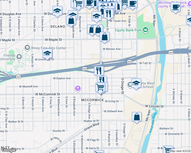map of restaurants, bars, coffee shops, grocery stores, and more near 1140 Dayton Street in Wichita
