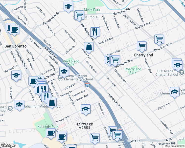 map of restaurants, bars, coffee shops, grocery stores, and more near 19670 Hathaway Avenue in Hayward