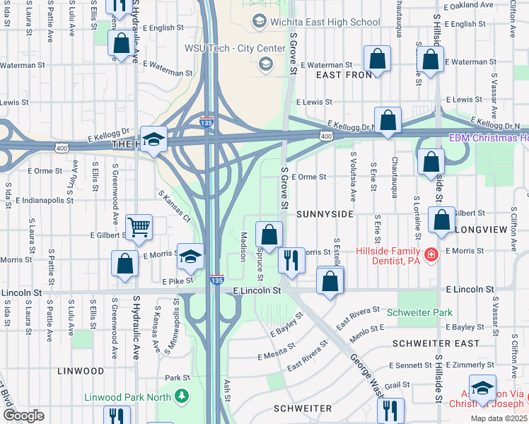 map of restaurants, bars, coffee shops, grocery stores, and more near 668 Spruce Street in Wichita