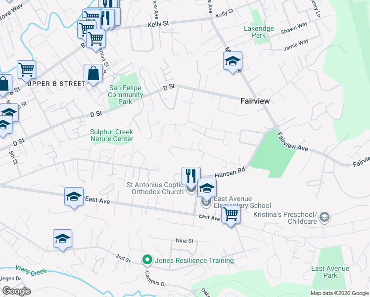 map of restaurants, bars, coffee shops, grocery stores, and more near Hidden Oaks Drive in Hayward