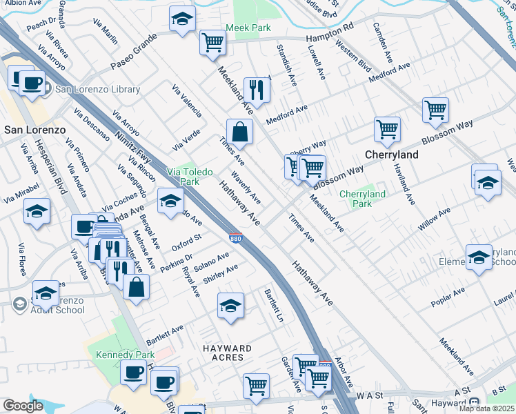 map of restaurants, bars, coffee shops, grocery stores, and more near 19837 Waverly Avenue in Hayward
