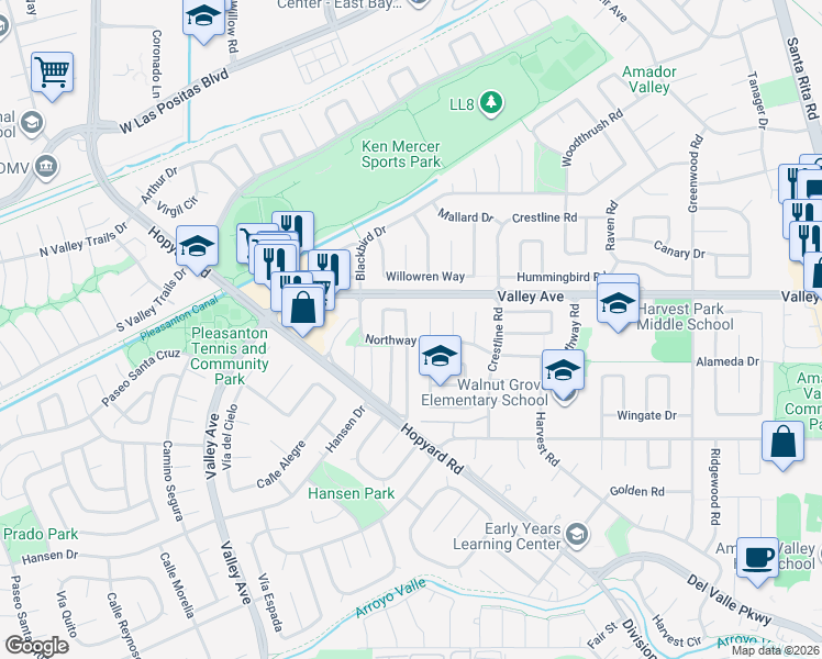 map of restaurants, bars, coffee shops, grocery stores, and more near 2307 Bay Meadows Circle in Pleasanton