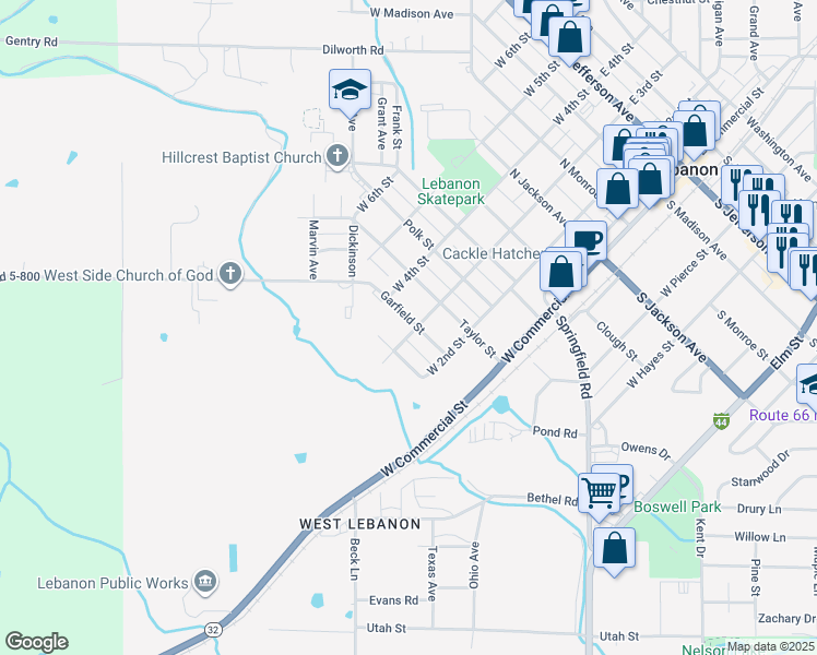 map of restaurants, bars, coffee shops, grocery stores, and more near 311 Garfield Street in Lebanon