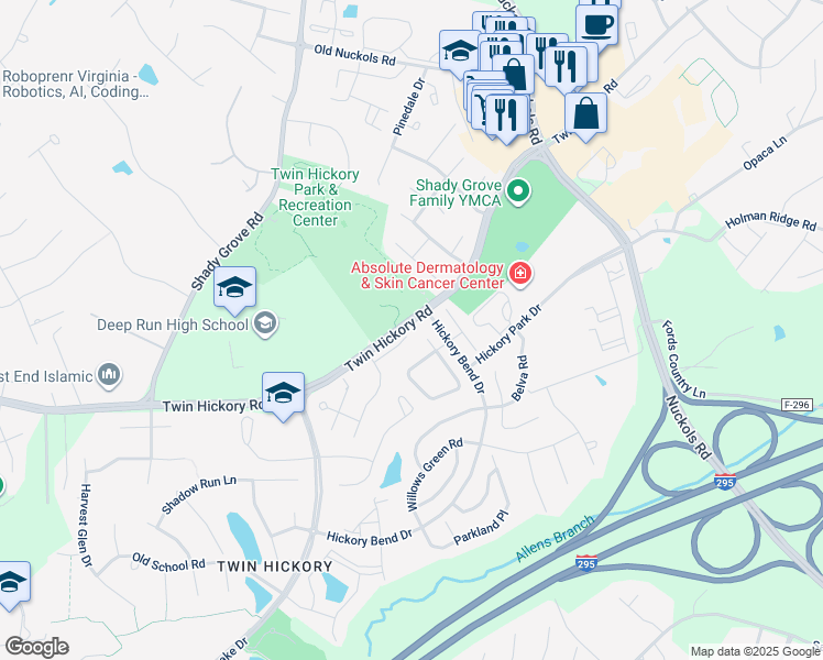 map of restaurants, bars, coffee shops, grocery stores, and more near 11900 Belmont Park Court in Glen Allen
