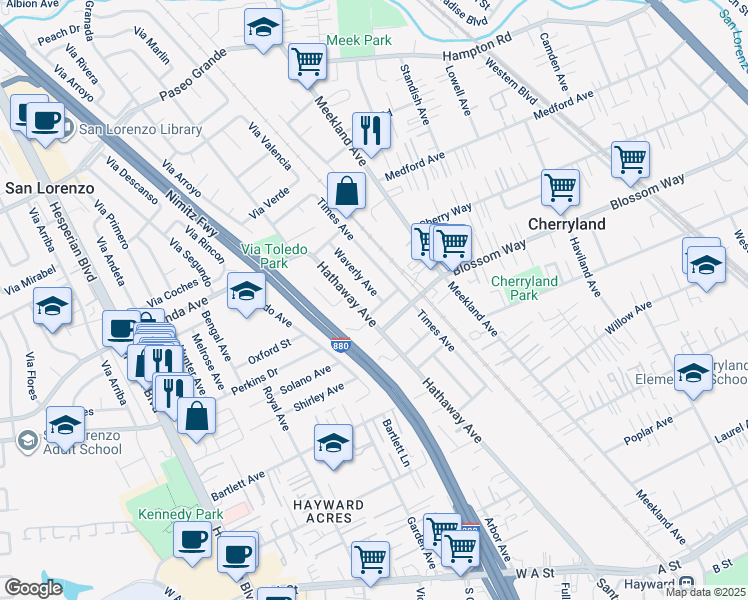 map of restaurants, bars, coffee shops, grocery stores, and more near 19837 Waverly Avenue in Hayward