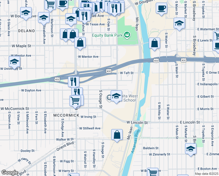 map of restaurants, bars, coffee shops, grocery stores, and more near 726 Dayton Street in Wichita