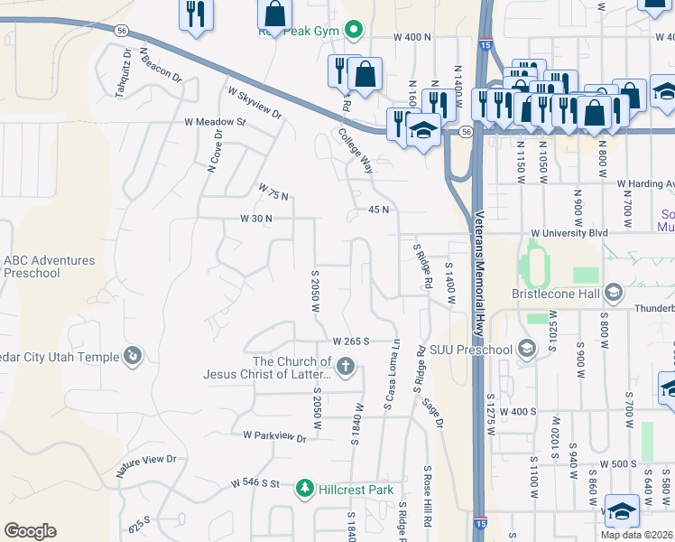 map of restaurants, bars, coffee shops, grocery stores, and more near 1951 West 90 South in Cedar City