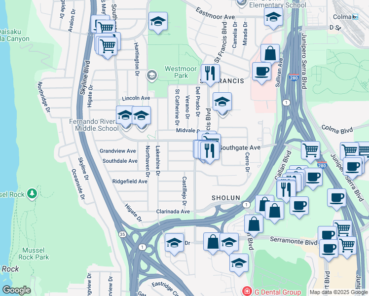 map of restaurants, bars, coffee shops, grocery stores, and more near 250 Campana Avenue in Daly City