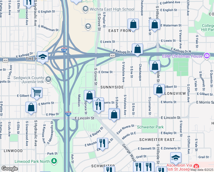 map of restaurants, bars, coffee shops, grocery stores, and more near 657 South Green Street in Wichita