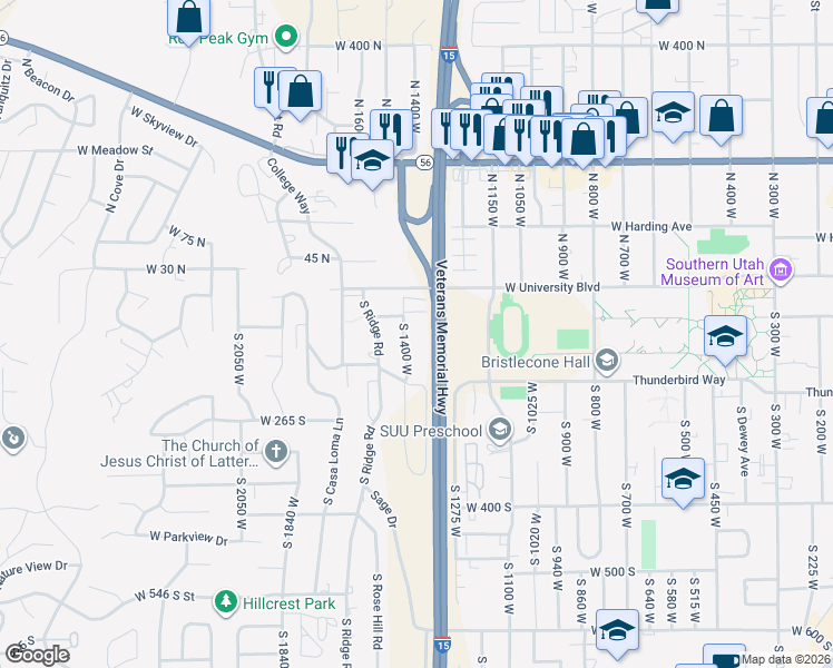 map of restaurants, bars, coffee shops, grocery stores, and more near 111 South 1400 West in Cedar City