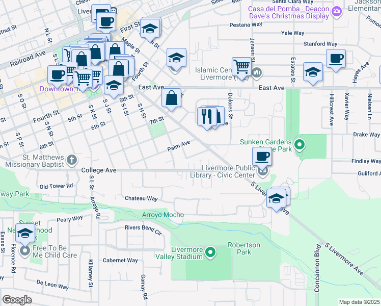 map of restaurants, bars, coffee shops, grocery stores, and more near 941 Acacia Way in Livermore