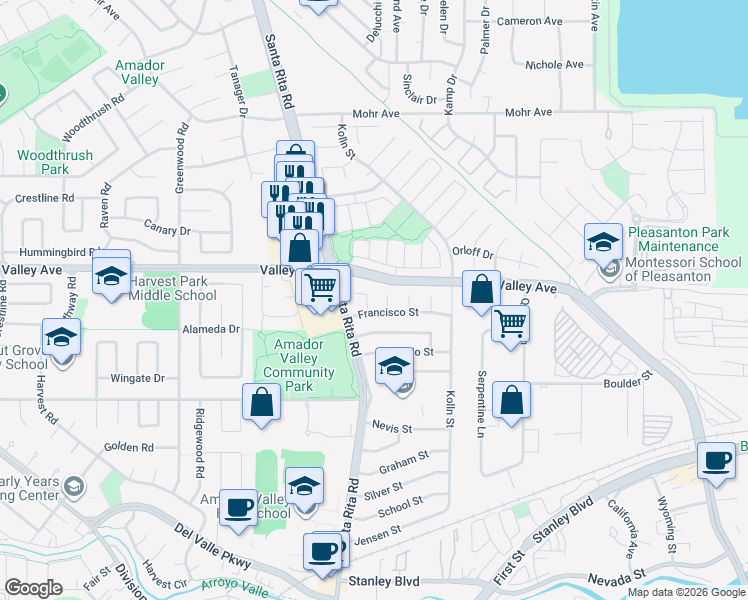 map of restaurants, bars, coffee shops, grocery stores, and more near 4151 Francisco Street in Pleasanton