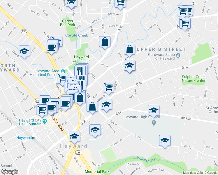 map of restaurants, bars, coffee shops, grocery stores, and more near 1327 C Street in Hayward
