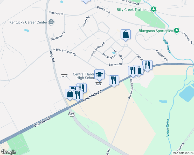 map of restaurants, bars, coffee shops, grocery stores, and more near 3040 Leitchfield Road in Cecilia
