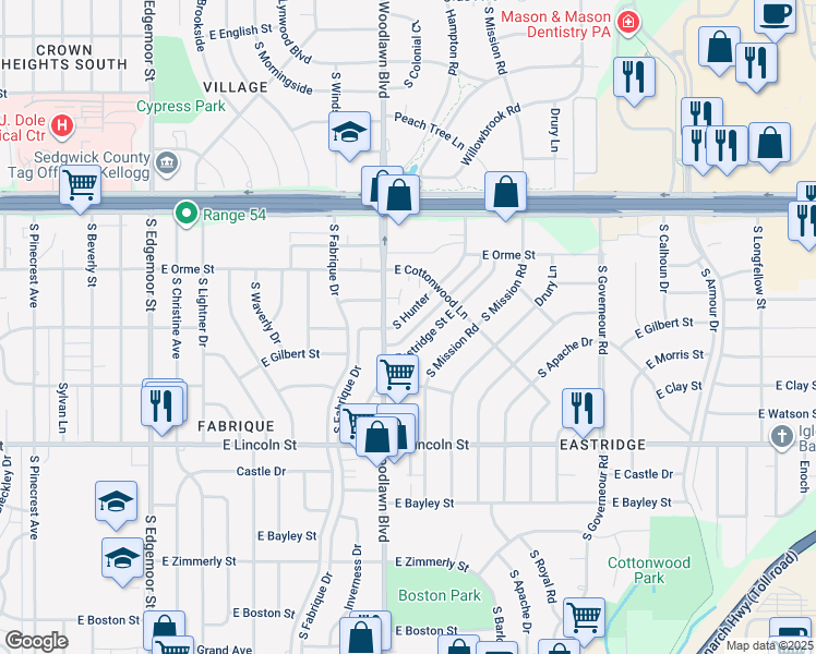 map of restaurants, bars, coffee shops, grocery stores, and more near 764 South Hunter in Wichita