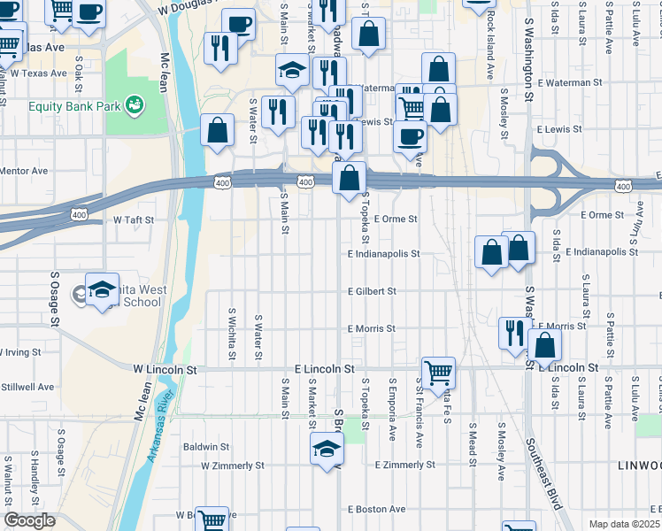 map of restaurants, bars, coffee shops, grocery stores, and more near 920 South Market Street in Wichita