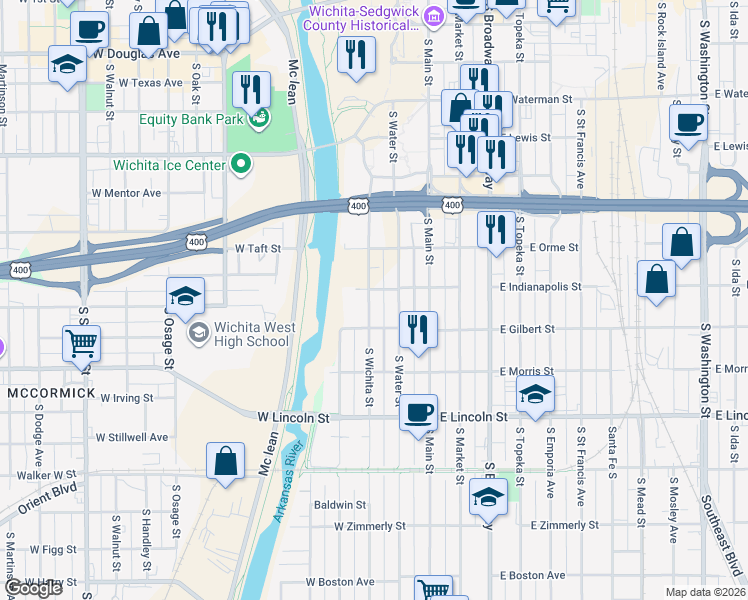 map of restaurants, bars, coffee shops, grocery stores, and more near 921 S Wichita St in Wichita
