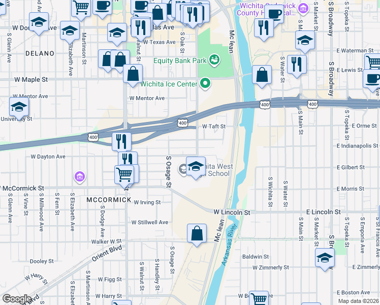 map of restaurants, bars, coffee shops, grocery stores, and more near 725 South Sycamore Street in Wichita