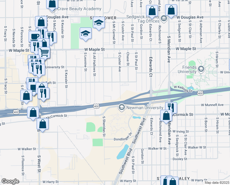map of restaurants, bars, coffee shops, grocery stores, and more near 743 South Custer Avenue in Wichita