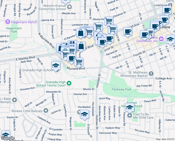 map of restaurants, bars, coffee shops, grocery stores, and more near 1085 Murrieta Boulevard in Livermore